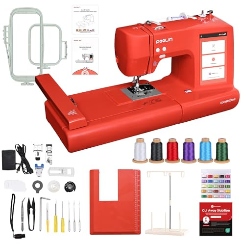 PooLin EOC05 2 en 1 Couture et Broderie Machine 2026 - Rouge - Machine à broder électronique – Écran tactile LCD 7″, cadres 10×10 cm et 10×23,5 cm, import de motifs USB/Wi-Fi, débutants et experts