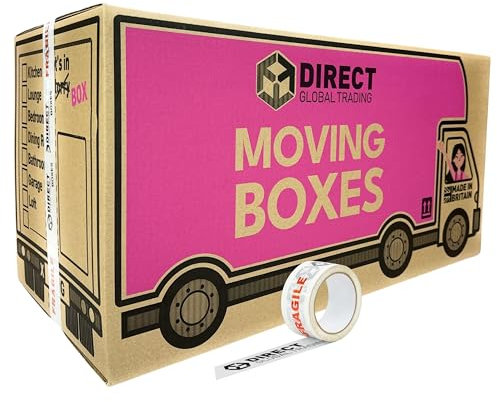 5 Strong Extra Long Large Cardboard Storage Packing Moving House Boxes Double Walled with Room List 66 Metre Fragile Tape 76cm x 36.5cm x 38cm