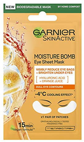 Garnier Moisture Bomb Orange Eye Mask, With Hyaluronic Acid And Orange Juice, Hydrating & Brightening Under Eye Mask, Reduce Appearance of Eye Bags, Vegan Tissue Mask, 6g