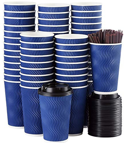 Disposable Coffee Cups with Lids and Straws - 16 oz (90 Set) Togo Hot Paper Coffee Cup with Lid To Go for Hot/Cold Beverages Espresso Tea Insulated Reusable Cold Drinks Ripple Cups Protect Fingers!