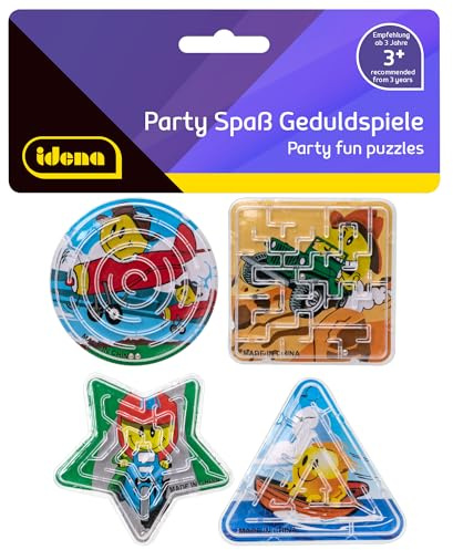 Idena 40430 – festnöje tålamodsspel, 4 stycken, liten labyrint med roliga emoji bakgrundsmotiv i former cirkel, triangel, kvadrat och stjärna, genomsnittlig storlek ca 6 cm
