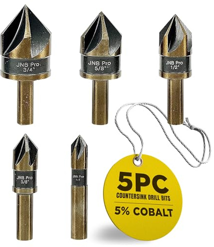 JNB Pro 5PC Countersink Bits for Steel - Sizes 1/4 3/8 1/2 5/8 3/4, Metal Working Countersinks, 5 Flute Design 82° M35 HSS 5% Cobalt Grade Bit 1/4 Shank - Ideal for Stationary or Hand Drill