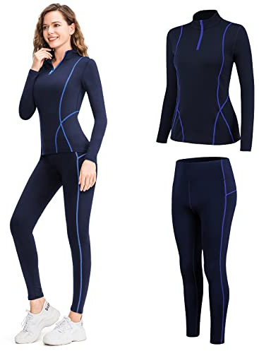 TBoonor Intimo Termico Donna Imbottito con Collo Alto, Tuta da Sci Set Pantaloni e Maglia Termica Asciugatura Rapida Maglie Termico Donna per Sci Corsa Palestra Blu-XL