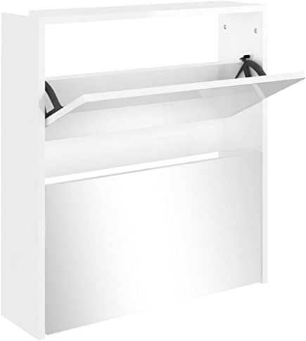 vidaXL Mueble Zapatero con Espejo 2 Niveles Armario Zapatos Cajones Estantería Almacenamiento Recibidor Entrada Sala de Estar Blanco Brillo