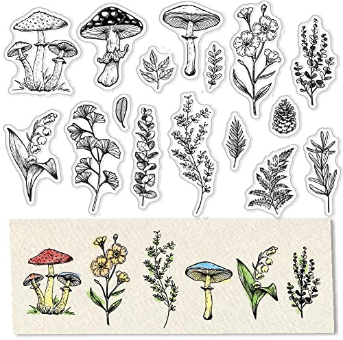 CRASPIRE Spring Plants Mushroom Clear Stamps for Card Making Decoration Scrapbooking Supplies Pine Cones Stamps Flower Lily Ginkgo Leaves Transparent Rubber Stamps for Paper Photo Album Crafting Decor