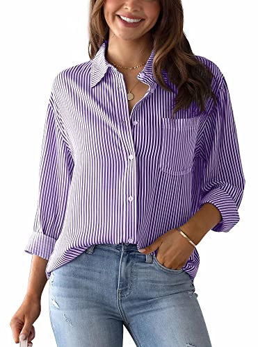 Panegy Blouse Women’s Tops Elegant Long Sleeve Checked V-Neck Shirt Casual Stand-Up Collar Button Down Blouse Shirt Fashion Tunic Linen Shirt Tops Office Blouses Purple L