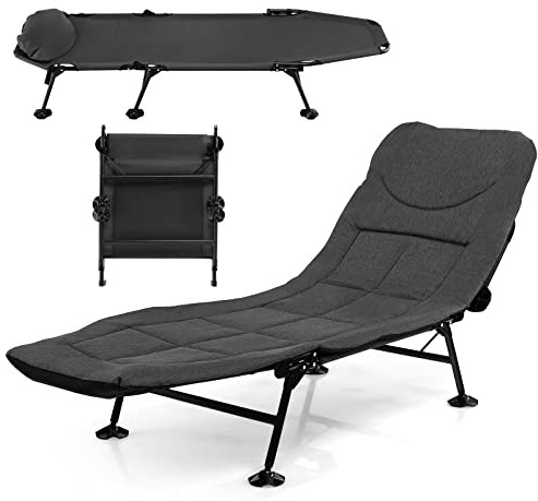 COSTWAY Folding Camping Bed, Outdoor Sleeping Cot with Detachable Mattress, 6-Position Adjustable Backrest & 360° Swivel Foot Cover, Portable Camp Lounge Chair for Travel Beach Office (Gray)