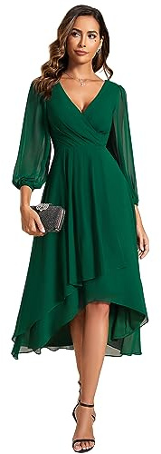 Ever-Pretty Women's V Neck 3/4 Sleeves Pleated A-Line Women's Dresses for Wedding Guest Dark Green 16UK