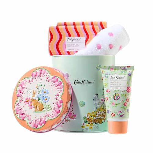 Cath Kidston Hand Cream 50ml, x2 Scented Soap 100g and Hand Towel 30 x 30cm, Handy Guest Gift Tin, Travel Size and Vegan Friendly, Carnival Parade Collection