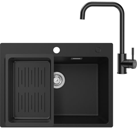 CECIPA Evier Cuisine 1 Bac 60 x 45 cm avec Robinet Cuisine Noir, Evier Noir en Granit avec Panie de Vidange, Lavabo Cuisine pour Meubles Bas de 60 cm, avec Siphon Classique et Trop-plein