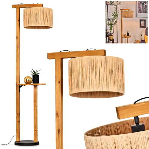 HOFSTEIN Granja Floor lamp, Wooden/Metal/Bast Floor lamp in Natural/Black, Scandinavian Design lamp, Ø 50 cm, Storage Surface and Foot Switch, Height 171.5 cm, 1 x E27, Without Light Source