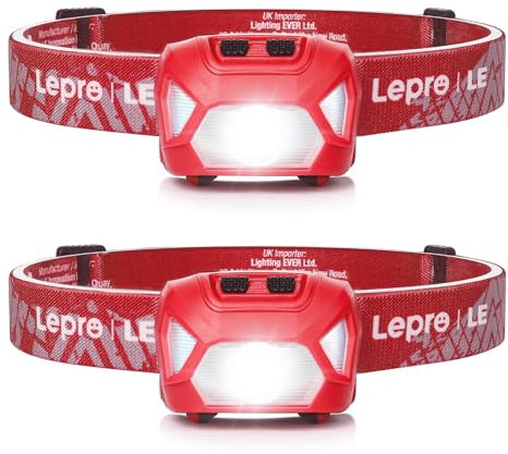 Lepro Stirnlampe, 1300 Lux LED XPG Kopflampe mit 6 Lichtmodi Scheinwerfer und Rotlicht, IPX4 spritzwassergeschütztes Gehäuse, Batteriebetrieben Stirnlampen, Ideal für Camping Joggen, Rot, 2 Stück