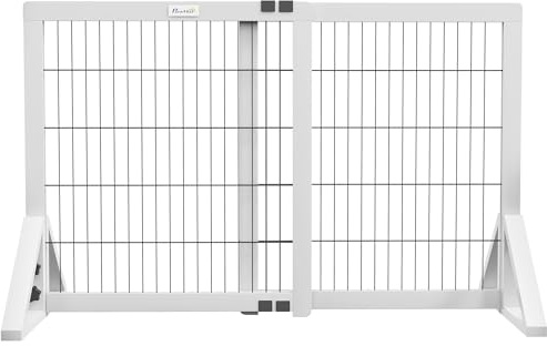 PawHut Barrière de sécurité pour Chien, barrière de Protection à 2 Panneaux Largeur réglable 63-106L x 44l x 67H cm, barrière pour escalier, Porte, couloirs, en Bois de pin et Acier, Blanc