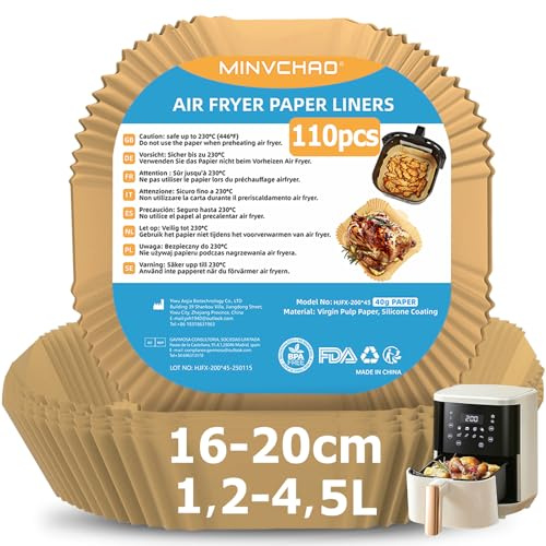 Bakplåtspapper för varmluftsfritös 1,2 l/4,5 l 110 stycken luftfryer bakpapper 16–20 cm för Philips Russell Tefal COSORI Midea varmluftsfritös