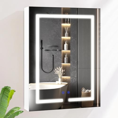 AxisFurn Armario con espejo de baño con iluminación LED, 3 luces ajustables, armario con espejo grande con estante y enchufe, armario de pared antivaho para ahorrar espacio, 60 x 80 cm, color blanco