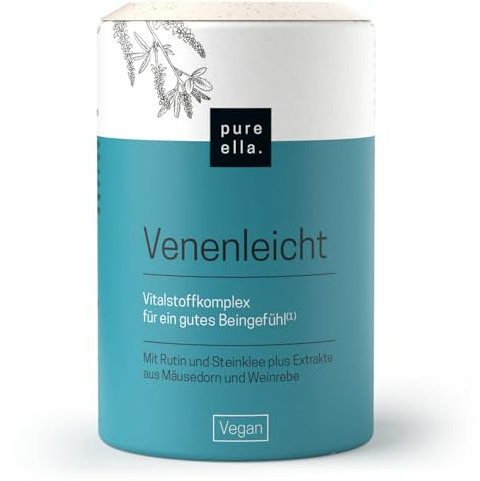 Pure Ella VENENLEICHT - 60 Kapseln - Venen Komplex Hochdosiert, Vegan - Schnurbaum Extrakt mit 500mg Rutin - Extrakte aus Steinklee (400mg), Mäusedorn, Weinreben - Mangan & Kupfer - Laborgeprüft