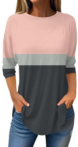Uwdiohq Haut décontracté à col Rond et Manches Trois-Quarts pour Femme Couleur Unie, Tendance Mousseline De Soie Blouse Chic élégant Chemise Lin Femme Tunique Longue Chic Et Elegant Chemisier