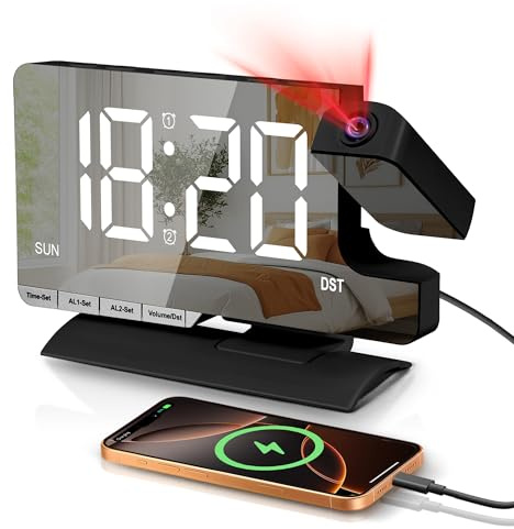 Sukeen Wecker mit Projektion, Wecker Digital 180° drehbarem Projektor, 7.3 Spiegeluhr mit Dual-Alarm, Schlummern, Wochentagsanzeige, 6 Helligkeitsstufen, 5 Lautstärkestufen, Ladeanschluss Schwarz
