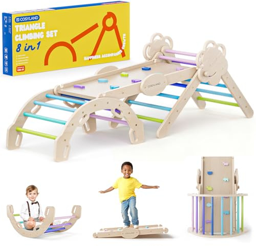 COSYLAND Klettergerüst Indoor L – Großes Kletterdreieck Set mit Kletterbogen & Rutsche – 8-in-1 Massivholz-Spielplatz für Kinder ab 18 Monaten – Kaltfarben