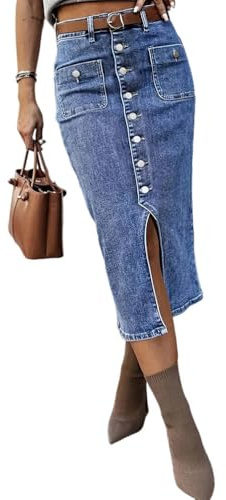 seiveini Faldas de Mezclilla Mujer Larga Elegant Falda Vaquera Largas con Aberturas Botones de Cintura Alta Vintage B Azul XXL