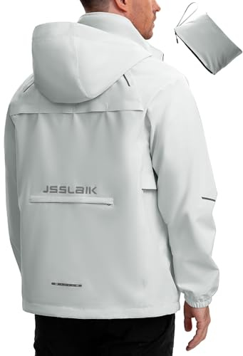 Jsslaik Men's Rain Jacket Waterproof Windproof Breathable for Hiking Cycling Commuting with Hood & Pockets (Silvery White-M)