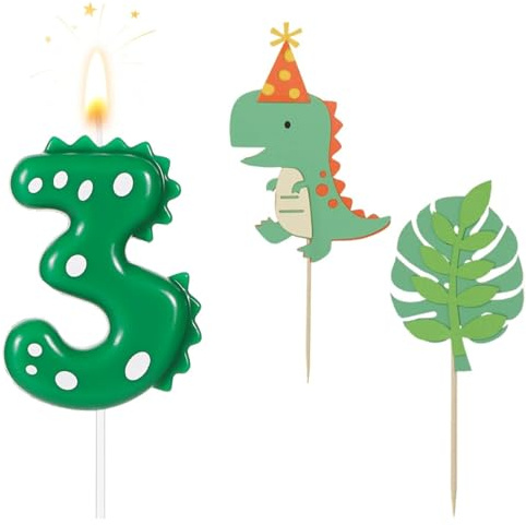 Velas Cumpleaños 3 Años Dinosaurio, Vela Número 3 con 2 Piezas Cake Topper Dinosaurios, Decoración Tarta Cumpleaños Original para Niños Niñas y Adultos, Suministros para Celebración de Cumpleaños