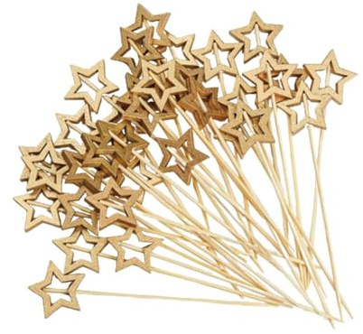 Pinchos de cóctel navideños, brochetas de cóctel con estrellas doradas y plateadas para aperitivos de fiesta, pinchos decorativos de madera para postres, entrantes, pasteles de frutas (oro, 100