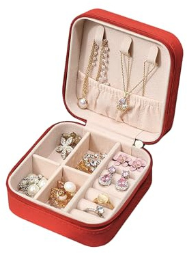FuninCrea Jewellery Box Organiser for Women, Mini PU Leather Travel Jewelry Storage Case with 3pcs Silver Cloth for Rings Earrings Necklace, Portable Jewelry Case for Girl, Wife, Mother (red)