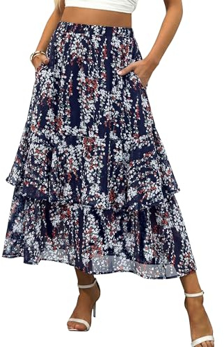 luvamia Elastic Waist Summer Chiffon Long Skirts for Women Summer Navy Blue Floral Flowy Boho Tiered Ruffle Holiday Outfits for Women A Line Maxi Skirt with Pocket Large US Size 12-14