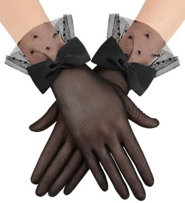 Avidlove Women Lace Gloves Wedding Tea Party Gloves Bow Short Mitten Mesh Gloves for 1920s Opera Funeral Black