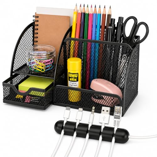 Besy Fresy Organizador de Escritorio Metálico con Cajón + Soporte para Cables – Ordena Bolígrafos, Clips y Accesorios – Ideal Oficina y Home Office – Negro