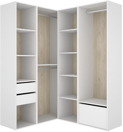PEGANE Armoire d'angle Dressing Ouvert avec 2 penderies, 2 tiroirs, 9 Compartiments de Rangement et 1 Porte Chaussures - Hauteur 204,5 x Longueur 124 x Profondeur 144,5