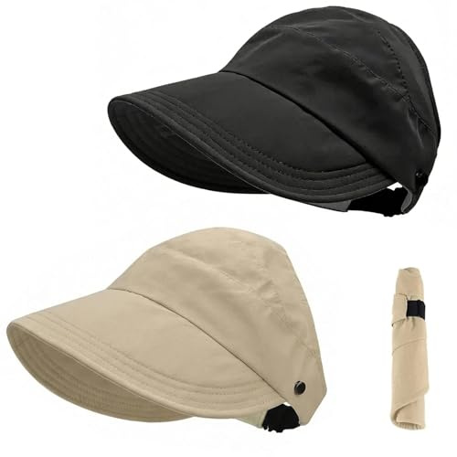 Sikweny 2 Pezzi Cappello Donna cap Folding Outdoor Berretto con Foro a Coda di Cavallo, Regolabile Ampio Tesa Cappello con Visiera Donna, Visiera Sole per Esterni Viaggi Pesca (Nero Cachi)