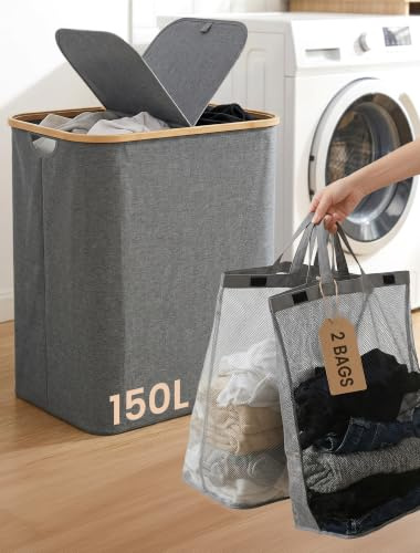 Double Laundry Basket with Lid: 2 Compartments - Sort Laundry as You Go | 2 x 75L Compartments for Dark & Light Clothes, Lift Out Removable Inner Bags Instead of Carrying the Whole Hamper