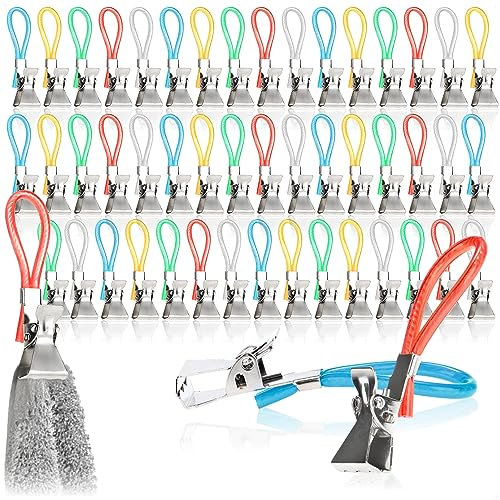 com-four® 50x Handtuchhalter-Clips aus Kunststoff und verchromten Metall - Bunte Klemmen für Handtücher, Waschlappen, Badeschwämme - Schlaufenhänger-Klemmen für Topflappen & Geschirrtücher (50 Stück)