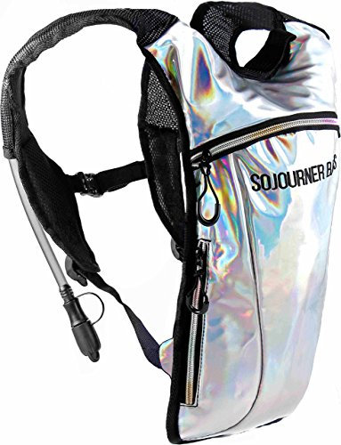 SOJOURNER Hydration Pack Backpack - 2L Water Bladder Included for Festivals, Raves, Hiking, Biking, Climbing, Running and More (Holographic Silver)