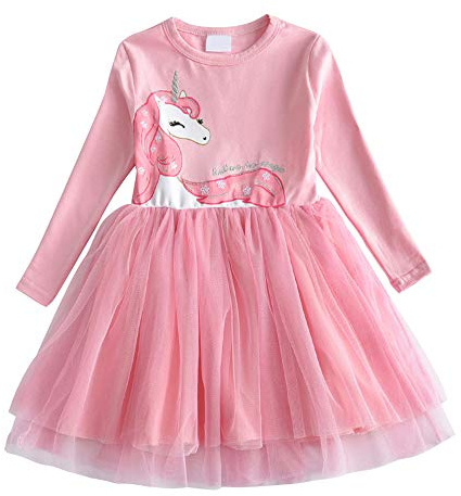 DXTON Le Ragazze Vestono Abiti da Festa Casual a Maniche Lunghe in Tulle con Principessa Unicorno RosaLh4570 5T