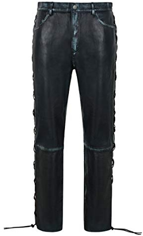 Men's Biker Laced Vintage Leather Trousers 100% Lambskin Riding Pants 00126 (Waist 30, Navy Vintage)