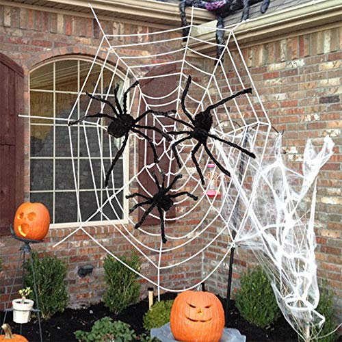 AniSqui 3,5 m Riesen Halloween-Spinnennetz Dekoration + Drei Riesen Halloween-Spinnem + 40g dehnbares Halloween-Spinnennetz für Halloween-Dekorationen, Indoor und Outdoor