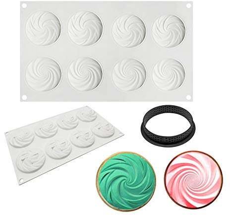 Moule de Gâteau Mousse, moulessilicone gâteaux 3D pour Glace Chocolat Pâtisserie Dessert, Outil croustillant Rond en Plastique, 8 trous Fleur en spirale deux en un