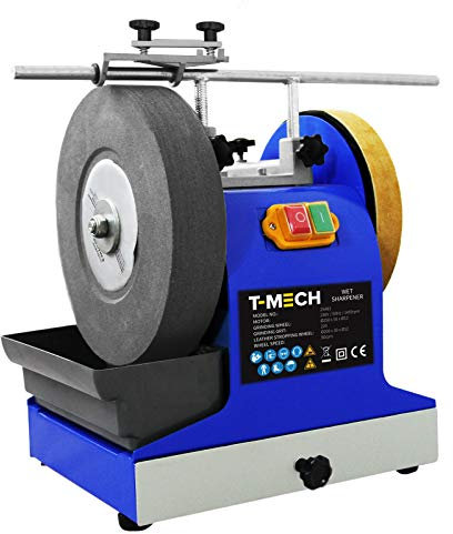 T-Mech Afilador de Cuchillo Eléctrico Profesional Comercial para Corte en Húmedo con Disco para Afilar Herramientas Hojas Achas y Refinar Bordes con Piedra Aceitada y Limpiametales Gratis 200W 230V