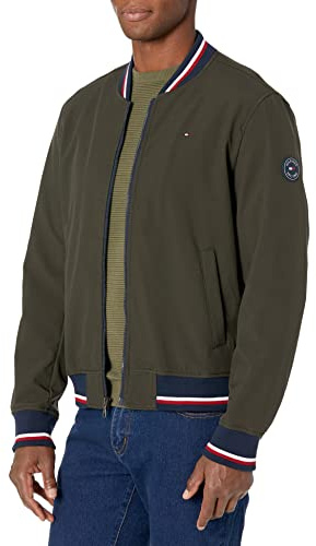 Tommy Hilfiger Veste bomber légère Varsity en maille côtelée pour homme, Olive Soft Shell, XXL