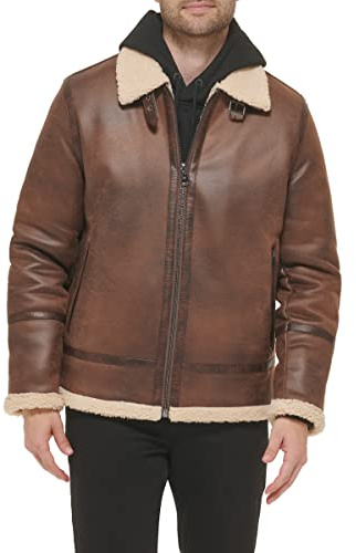 Calvin Klein Men's Faux Leather Jacket Men - Bomber Jacket With Shearling Lining, Brown, X-Large