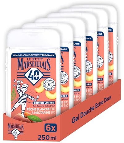 Le Petit Marseillais | Gel Douche Extra Doux Pêche Blanche Bio & Nectarine Bio (lot de 6 flacons de 250 ml) – 92 % d'ingrédients d'origine naturelle – pH neutre pour la peau et sans colorant