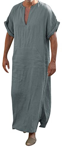 Abaya da uomo musulmana araba islamica, abbigliamento casual elegante musulmano a maniche lunghe, kaftan da uomo a maniche lunghe, bottone alto, thobe in cotone e lino, a maniche corte, tunica top con