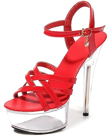 Eralom Sandales Talons Haut Aiguille Femme,Sandales Mariage Bride Cheville Escarpin Femmes Plateforme Epais Sexy Soirée,Rouge,41EU