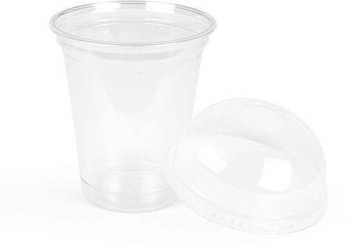 Inoverse 100 Stück Smoothie Becher To Go 400 ml, Dessertbecher, Plastikbecher für Eiskaffee, Cocktail, Bubble Tea mit Domdeckel mit Loch