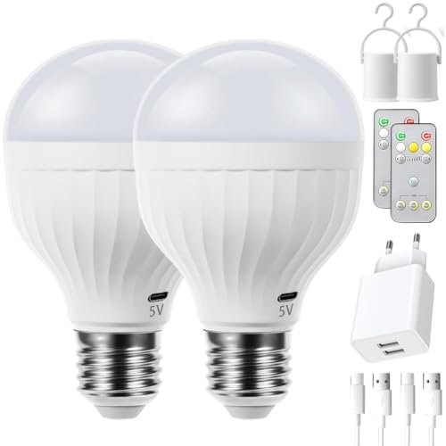 VENMON NATURALMENTE [Pack 2] Bombilla LED Recargable USB E27/E26 | Inalámbrica y Sin Cable con Mando a Distancia | Luz Cálida y Fría Regulable | Bombilla de Emergencia Camping, Hogar y Exterior
