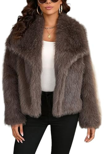 ZhuiKun Manteau en Fausse Fourrure pour Femme Veste à Manches Longues Col à revers Cardigan Manteau d'hiver Court et Chaud - Café, S