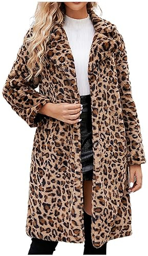 Fur Coat Womens Leopard Print Faux Fur Jacket Thick Furry Long Coats Fleece Stand Collar Warm Winter Jackets Fluffy Fuzzy Outerwear Ladies Long Cardigan Outwear Windproof Jacket Overcoats